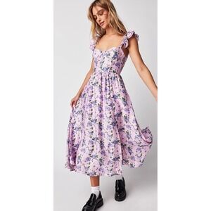 ASTR Wedelia Floral Midi Corset Dress  Cottagecore Ruffle Strap Lace Up Back
